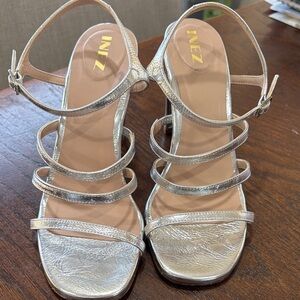 INEZ Chic Silver Strappy Block Heels